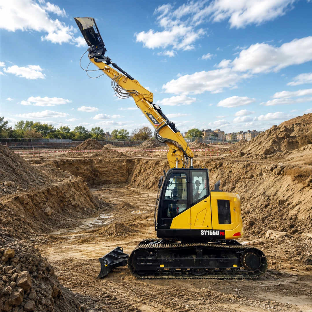 Żółta koparka SANY SY155U PB stoi na ziemi w głębokim dole budowlanym. Jej długie, podwójnie łamane ramię hydrauliczne jest wyciągnięte pionowo wysoko ku niebu.