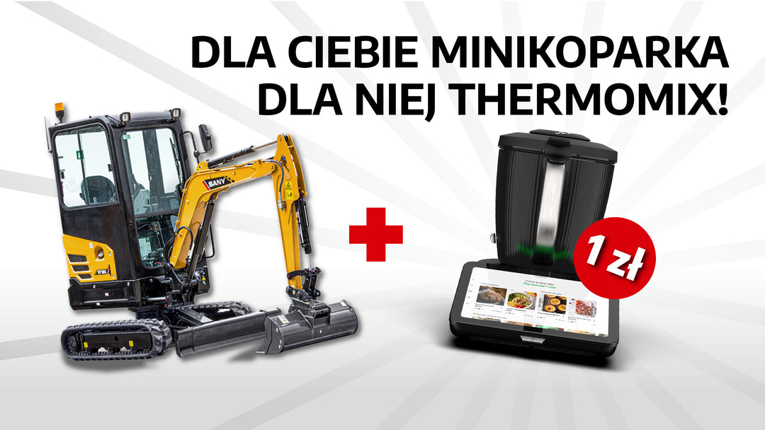 Termomix za złotówkę przy koparce SANY na białym tle
