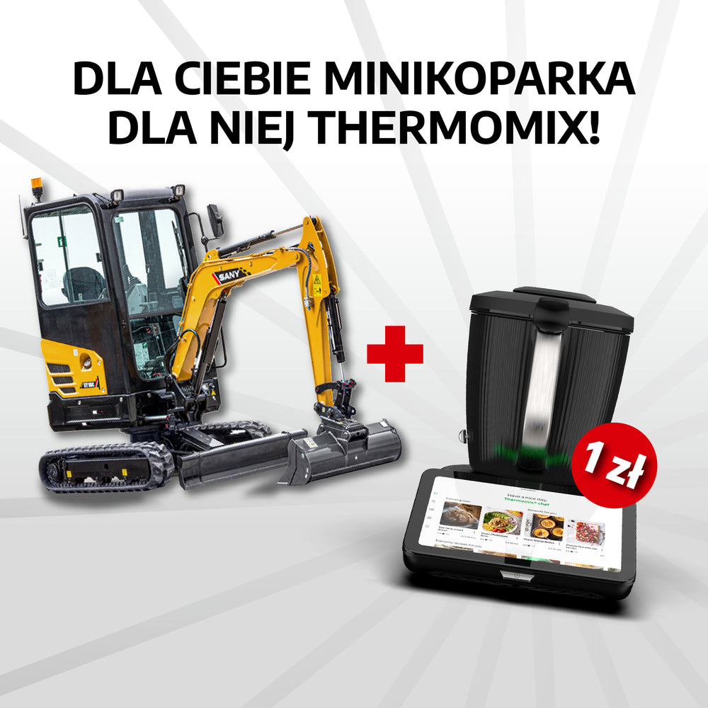 Minikoparka Sany i najnowsza wersja Termomixa na białym tle z napisem