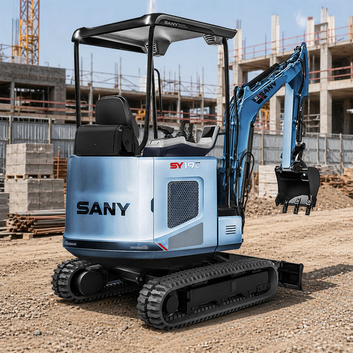 Elektryczna minikoparka Sany SY19E, maszyna budowlana na gąsienicach.