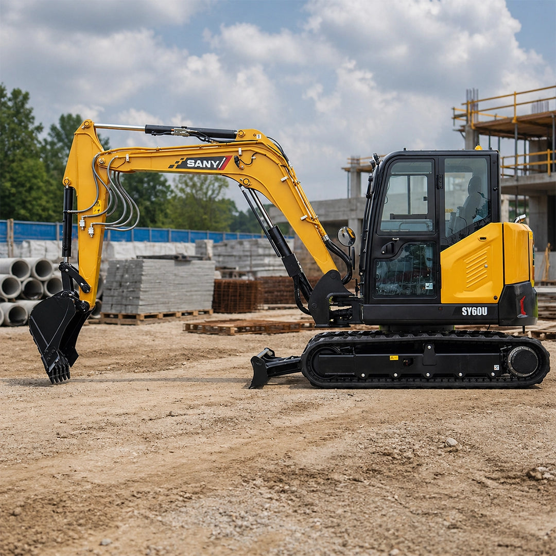 Koparka 6 ton SY60U widziana z boku, prezentująca wytrzymałe podwozie gąsienicowe i przewody hydrauliczne ramienia.